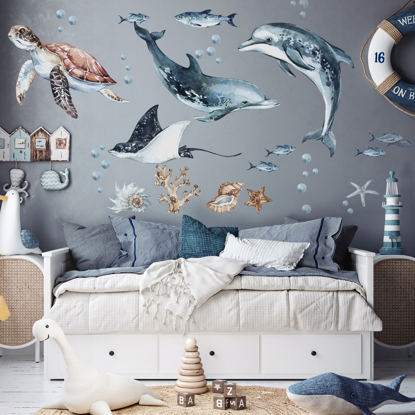 Dolphins & Turtle Decal Set - Ocean Theme - Watercolour Effect Stickers