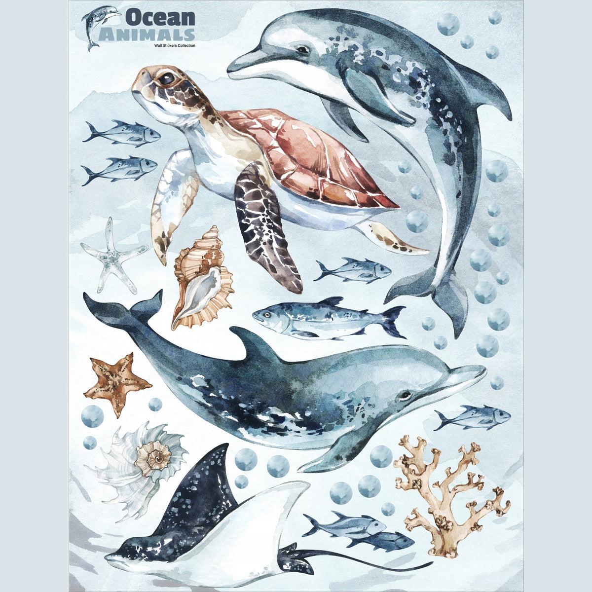 Dolphins & Turtle Decal Set - Ocean Theme - Watercolour Effect Stickers