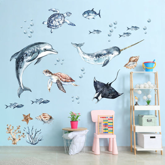 Ocean Decal Set - Dolphin, Narwhal, Stingray, Turtle + More - Watercolour Effect Stickers - Ocean Theme