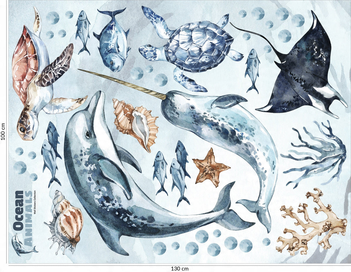 Ocean Decal Set - Dolphin, Narwhal, Stingray, Turtle + More - Watercolour Effect Stickers - Ocean Theme