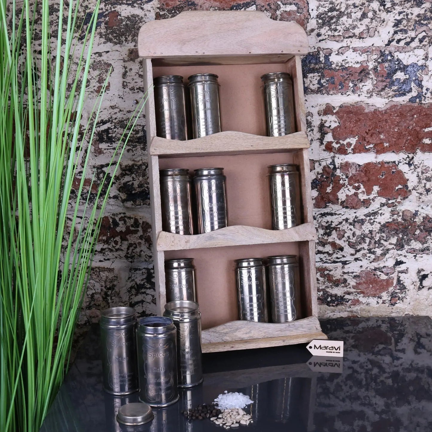 Namak Wooden Wall Mounted Spice Rack with 12 Metal Canisters