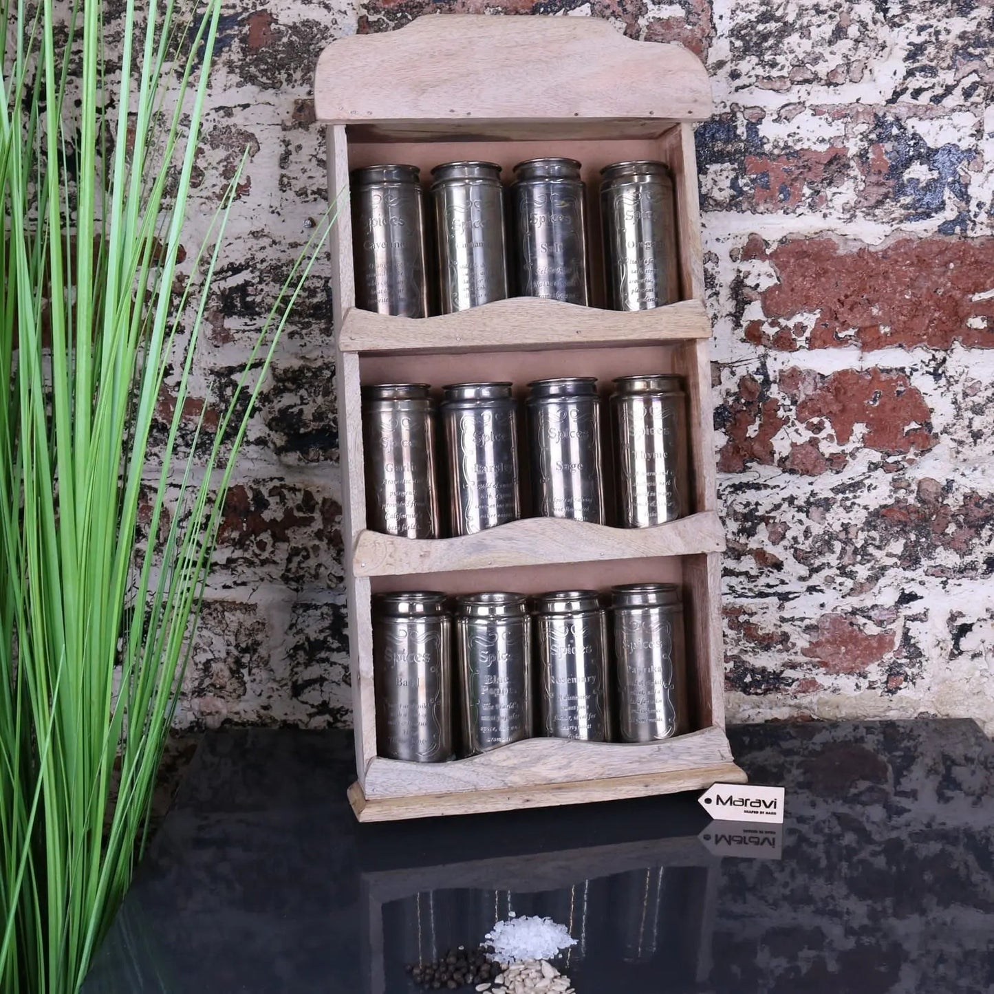 Namak Wooden Wall Mounted Spice Rack with 12 Metal Canisters