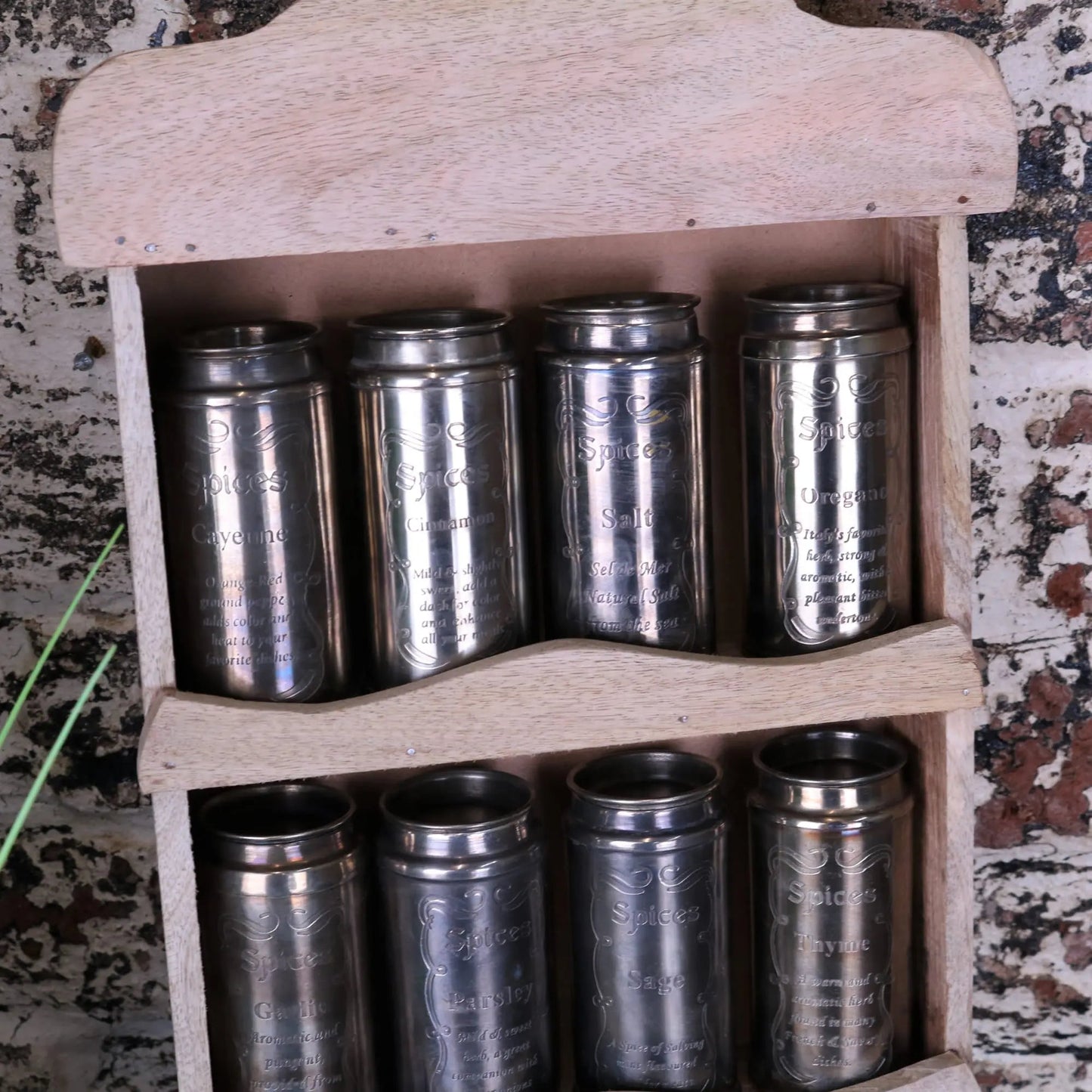 Namak Wooden Wall Mounted Spice Rack with 12 Metal Canisters