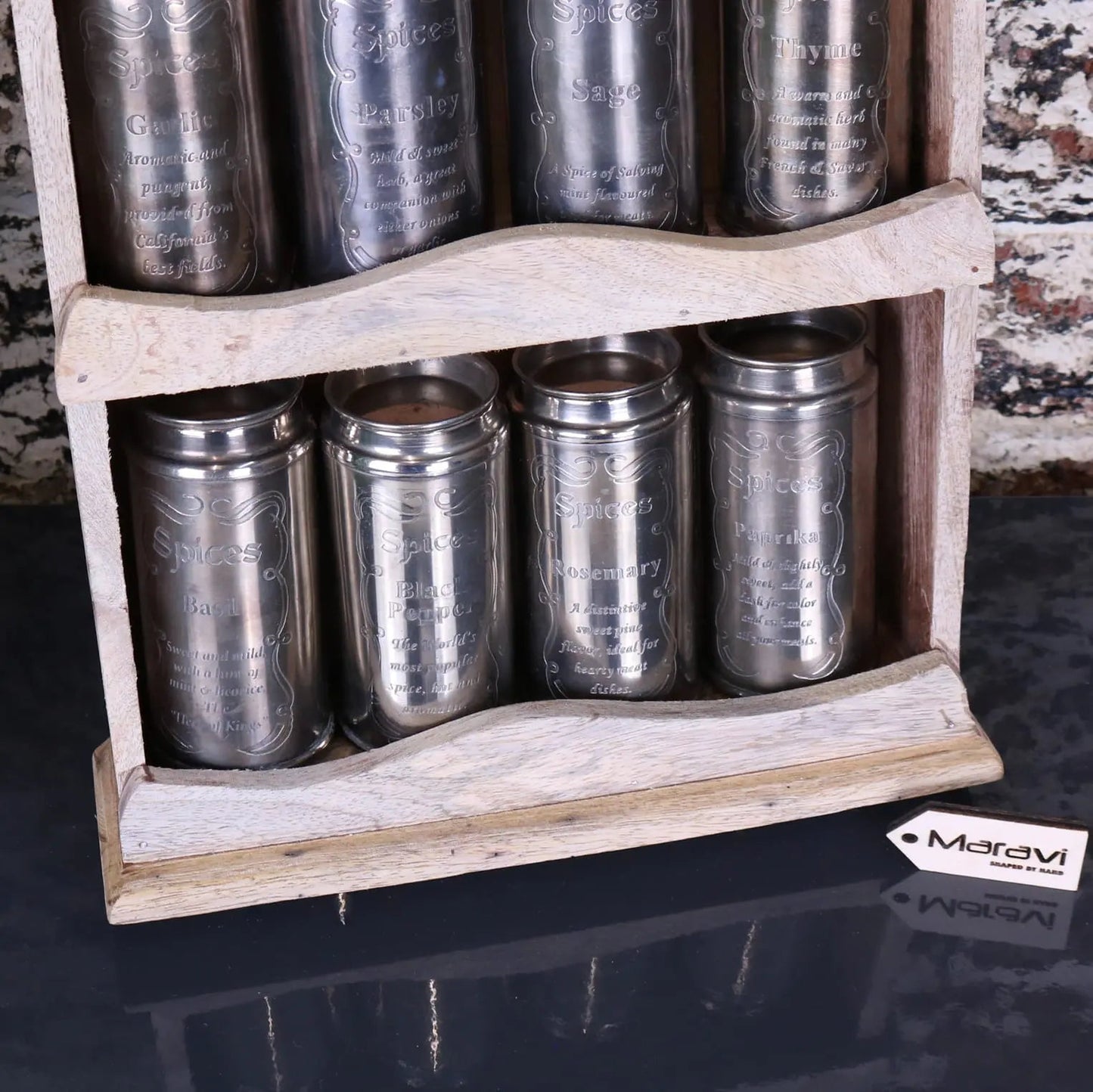 Namak Wooden Wall Mounted Spice Rack with 12 Metal Canisters