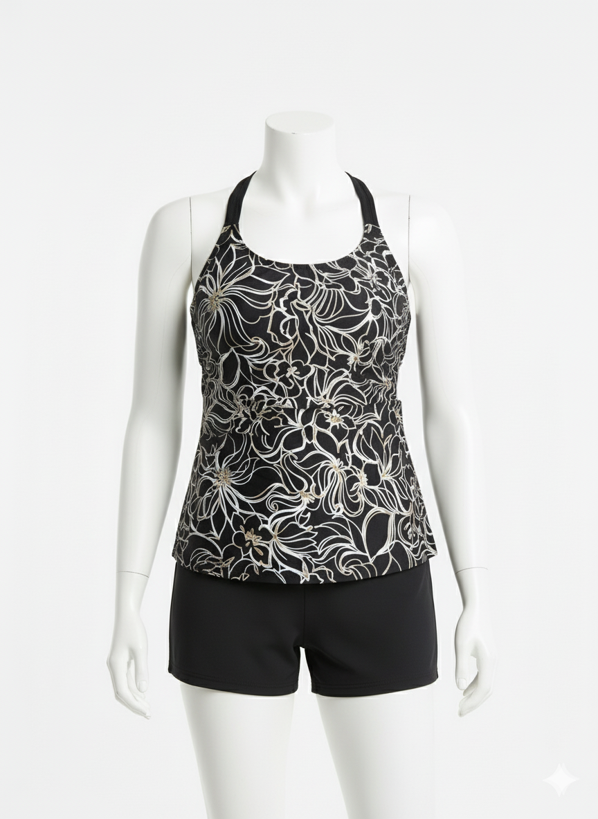 Ladies Incontinence Tankini with Shorts Black Floral
