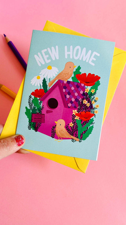 New Home Card- Cute and Colourful Handmade Floral Birdhouse Greetings Card