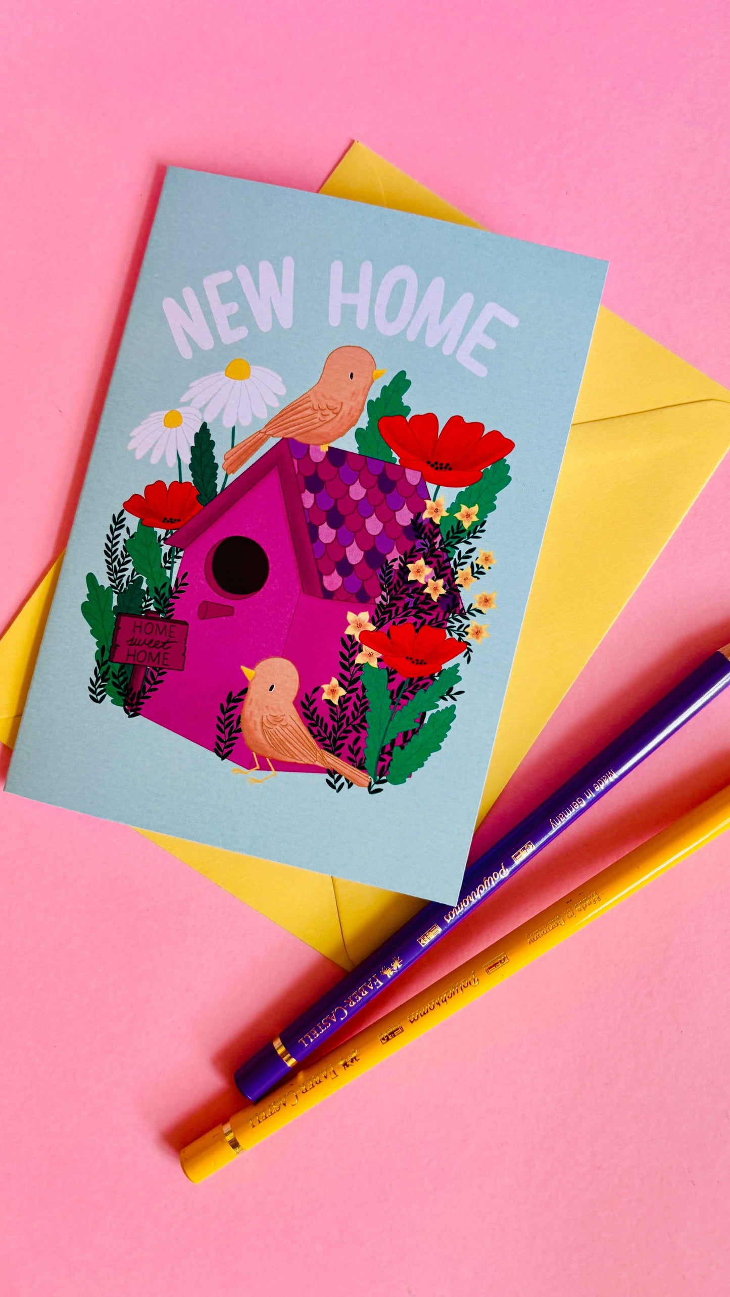 New Home Card- Cute and Colourful Handmade Floral Birdhouse Greetings Card
