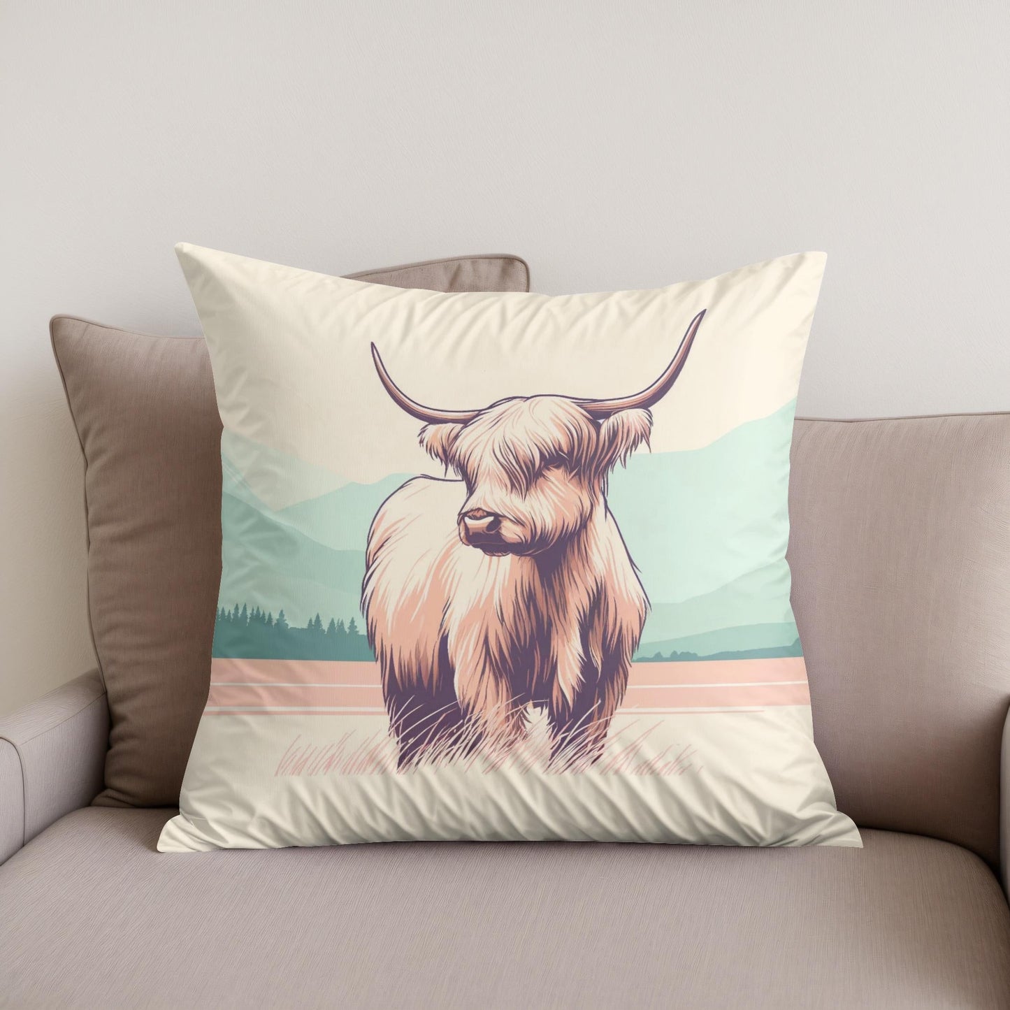 Pastel Highland Cow Minimalism Cotton Cushion