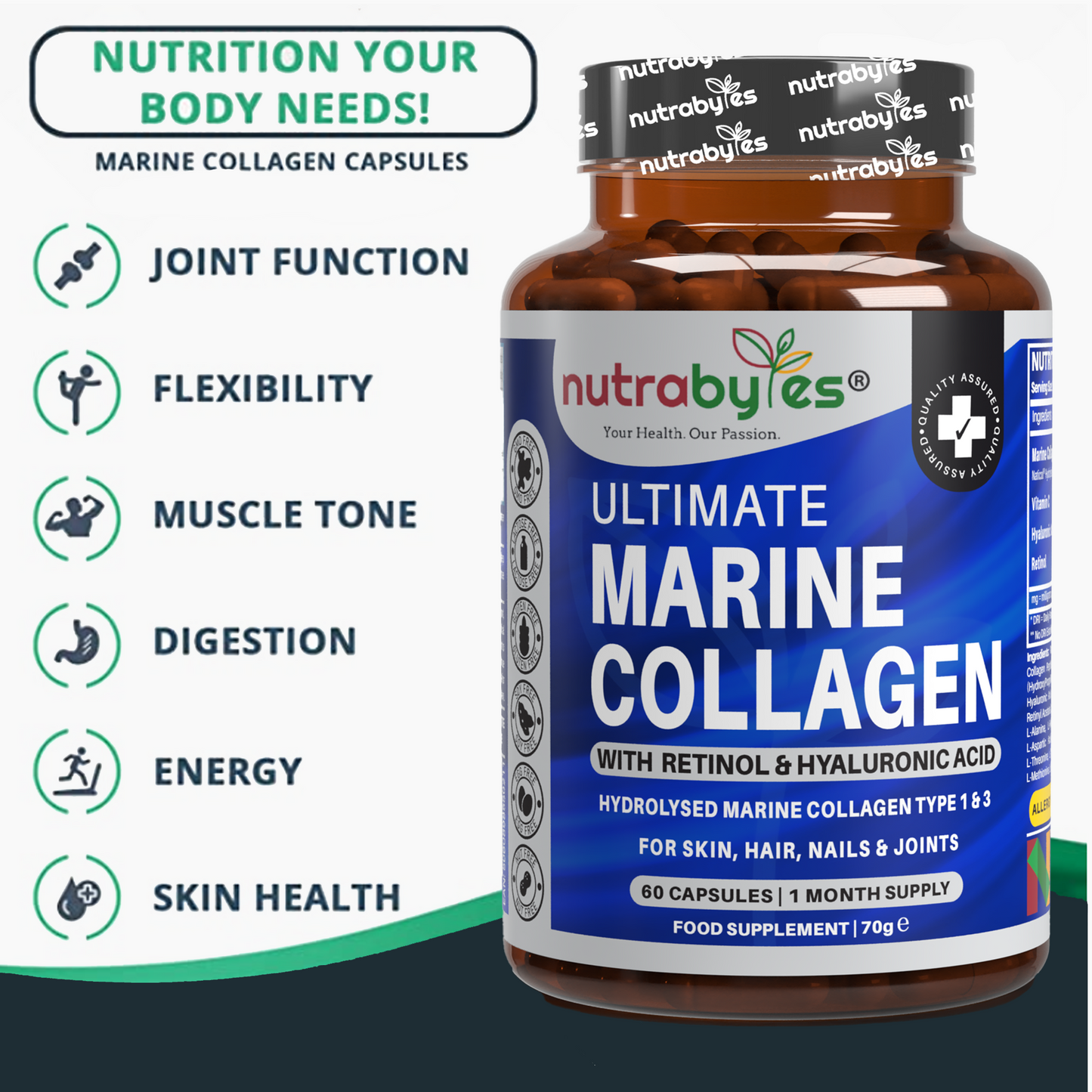 Marine Collagen Capsules Types 1 & 3 with Hyaluronic Acid & Vitamin C | 60 Capsules | 1-Month Supply | UK Made