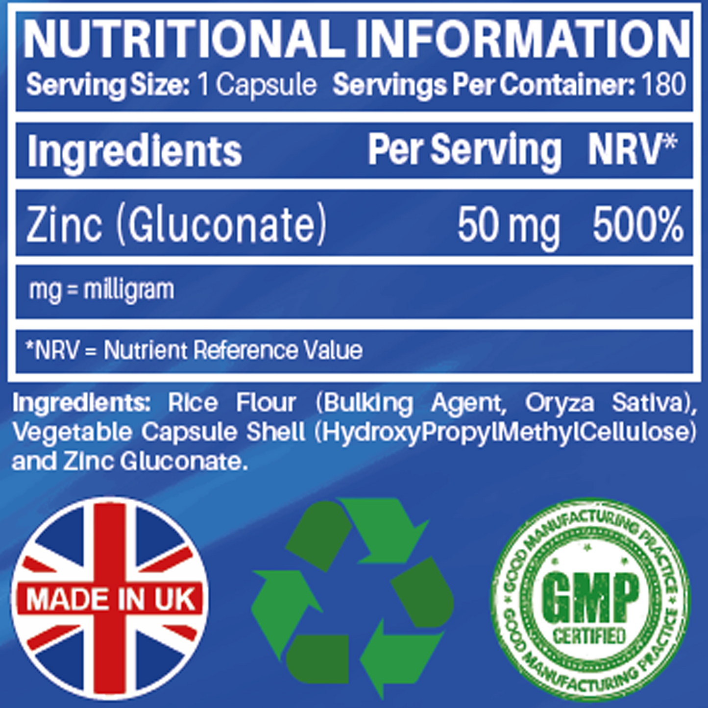 Zinc (Gluconate) 50mg | Maximum Strength, Pure Zinc Capsules | 180 Vegan Capsules | 6 Months Supply | Immunity Support, Eye & Skin Health | Made in the UK