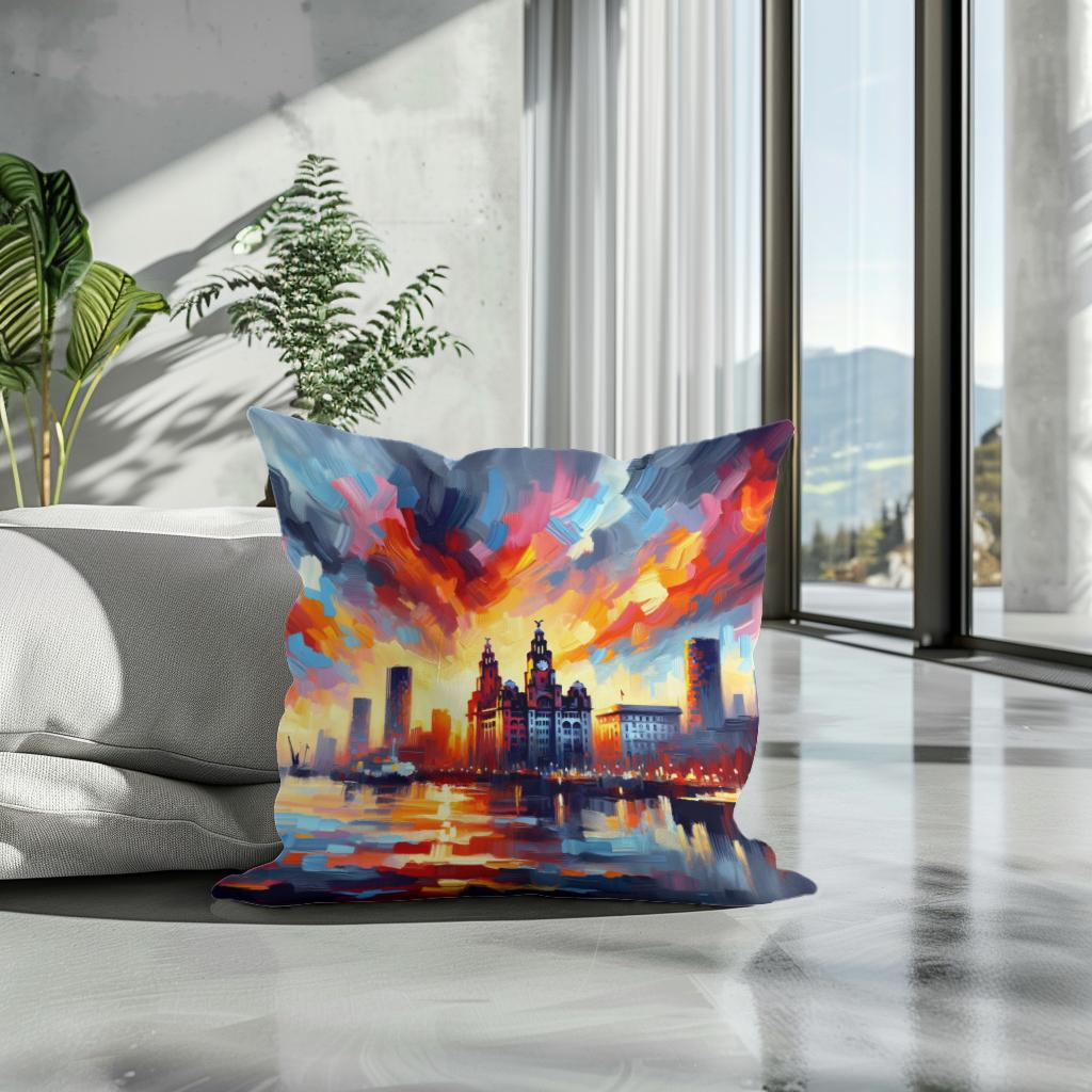 Expressionist Sunset Liverpool Skyline Cotton Cushion