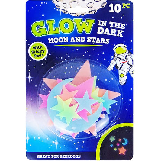 10 Assorted Colour Glow In The Dark Moon & Stars Stickers for Ages 3+