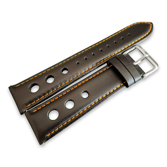 Black And Orange Leather Rally Hole Watch Strap