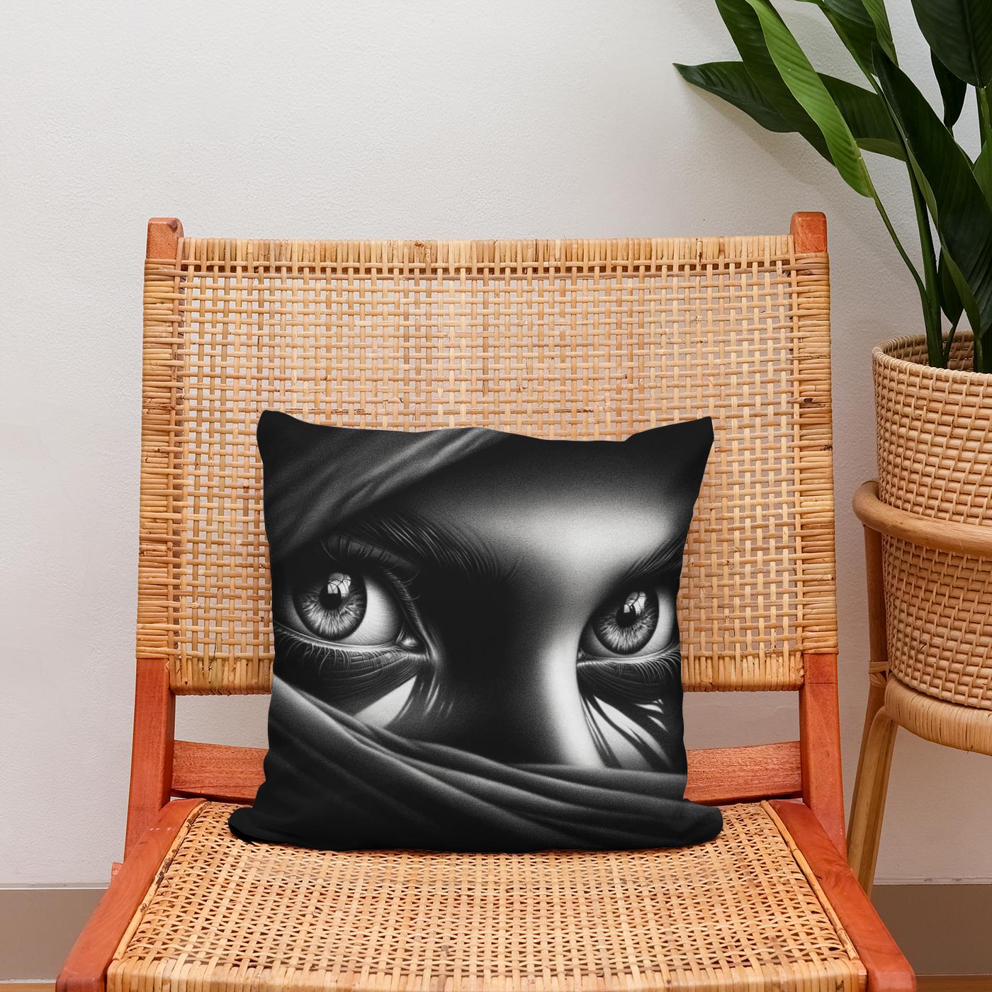 Mystery Gaze: Shadowed Eyes Cotton Cushion