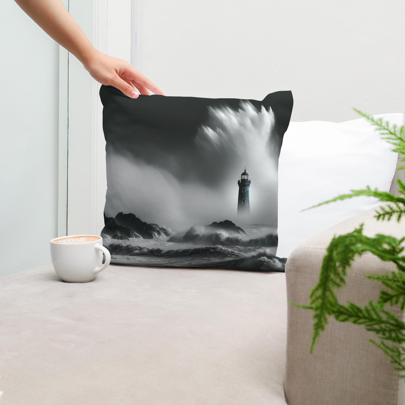 Solitary Beacon: Stormy Seas Cotton Cushion