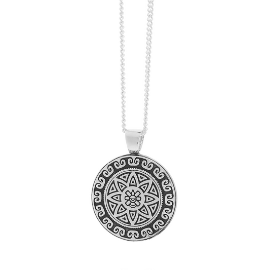 Aztec Ollin Travel Mandala Personalised Silver Necklace