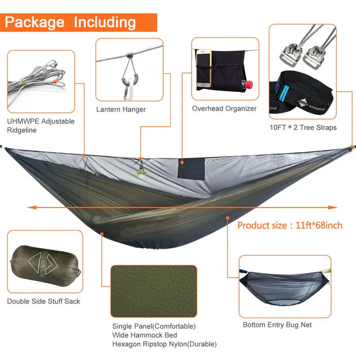 Onewind Outdoors Aerie 11' Double Camping Hammock with Mosquito Net