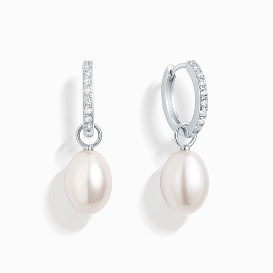 Freshwater Pearl Hoop Drop Earrings with Removable Pearls in Sterling Silver