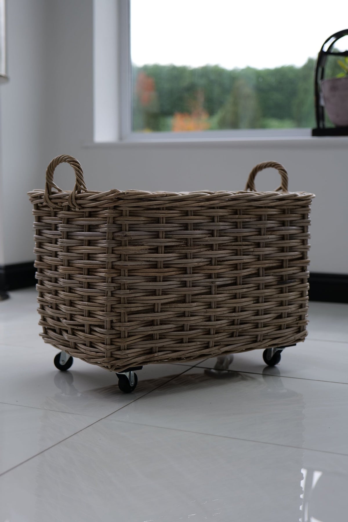 Wovenhill Kubu Rattan Log Baskets with Wheels and Hoop Handles