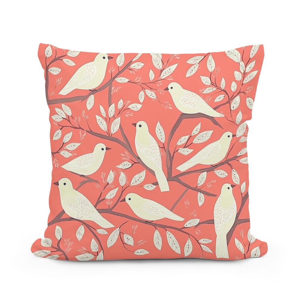 Coral Cream Bird Folk Art Cotton Cushion