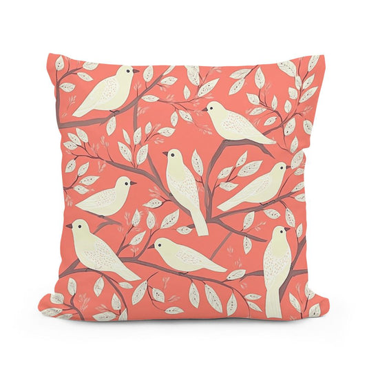 Coral Cream Bird Folk Art Cotton Cushion