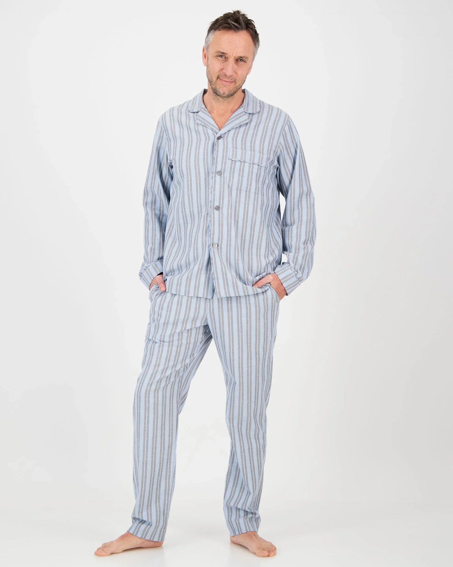 Mens Long Pyjamas - Flannel Turquoise & Charcoal Stripe