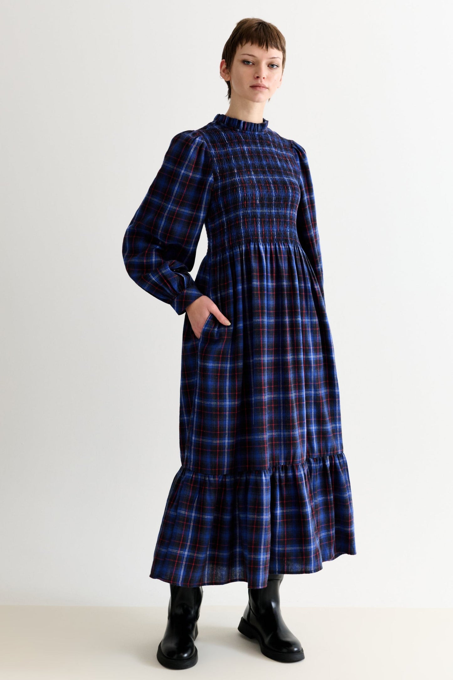 Peppi Winter Check Smocked Bodice Midi Dress - Blue