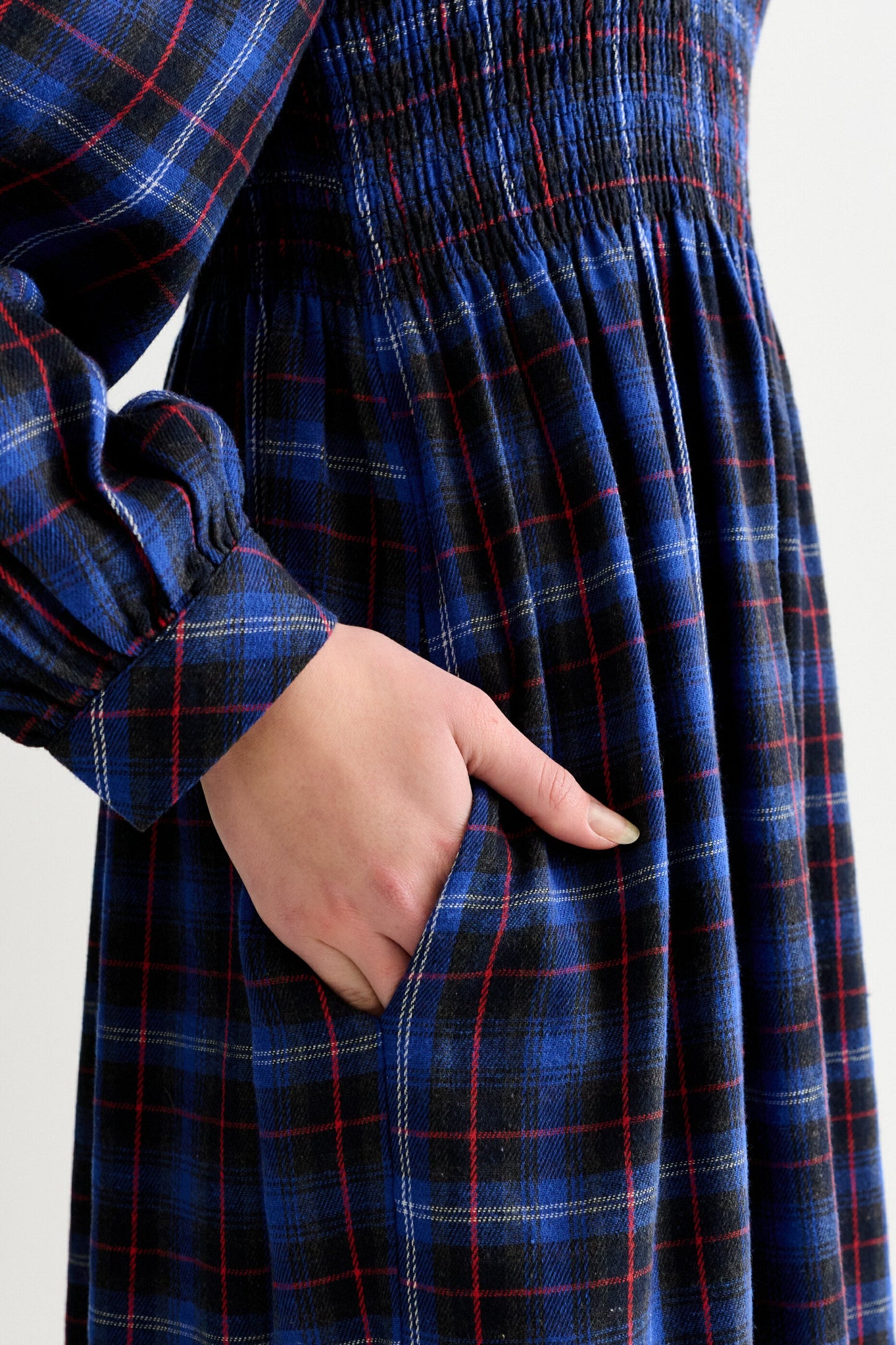 Peppi Winter Check Smocked Bodice Midi Dress - Blue