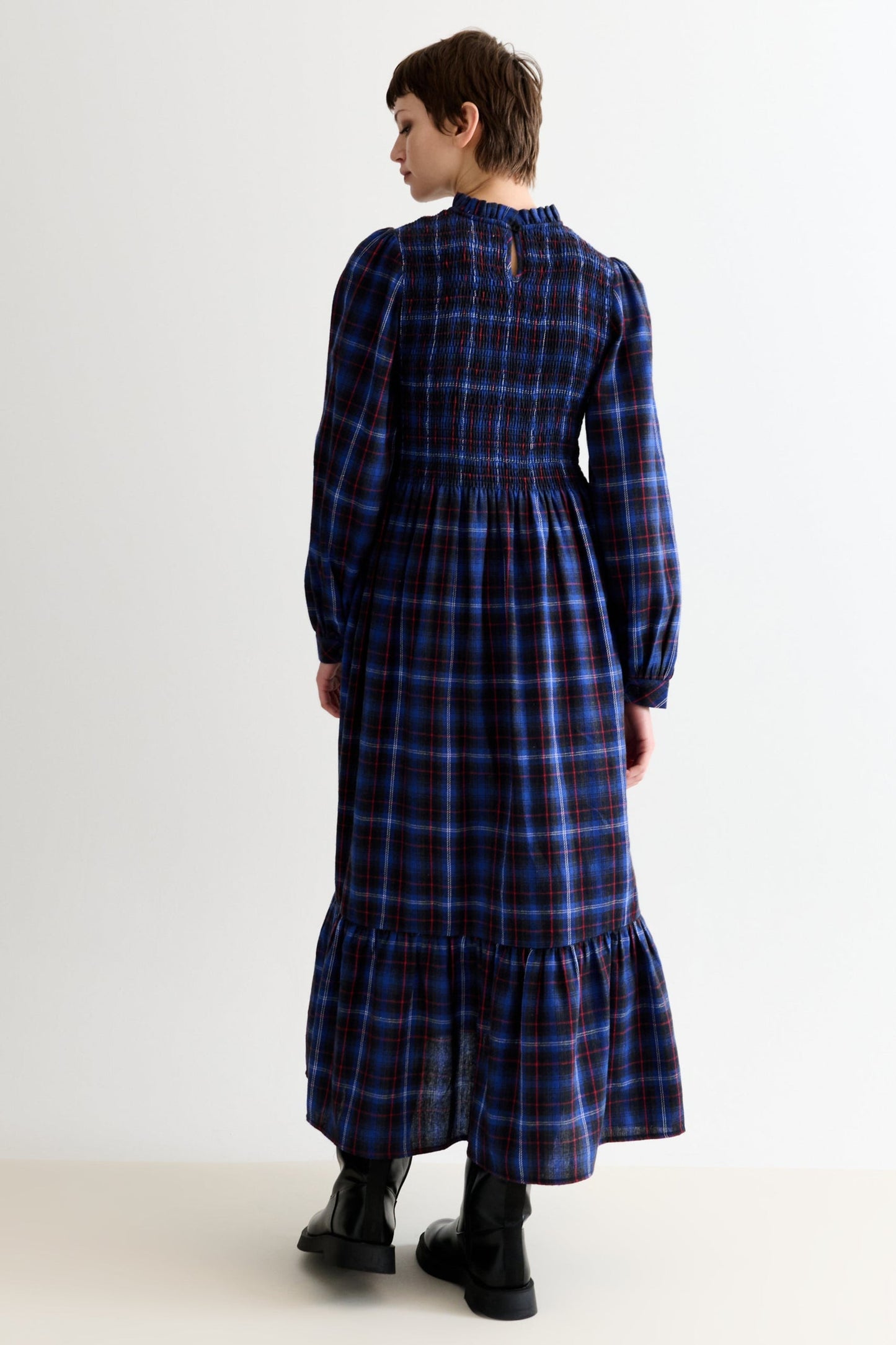 Peppi Winter Check Smocked Bodice Midi Dress - Blue