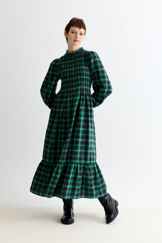 Peppi Winter Check Smocked Bodice Midi Dress - Green