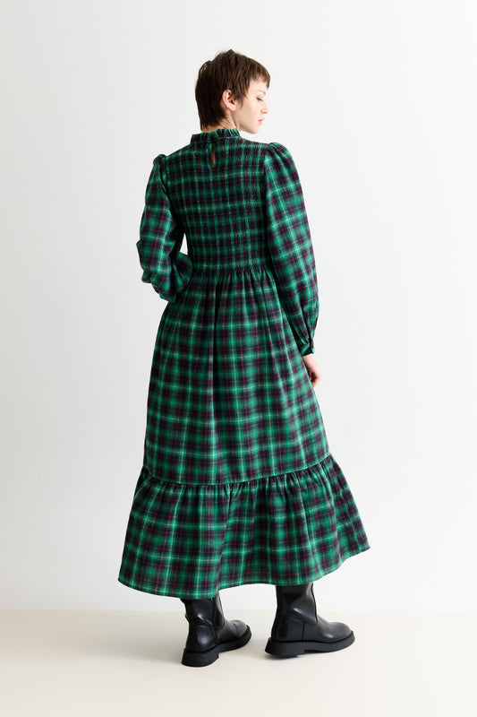 Peppi Winter Check Smocked Bodice Midi Dress - Green