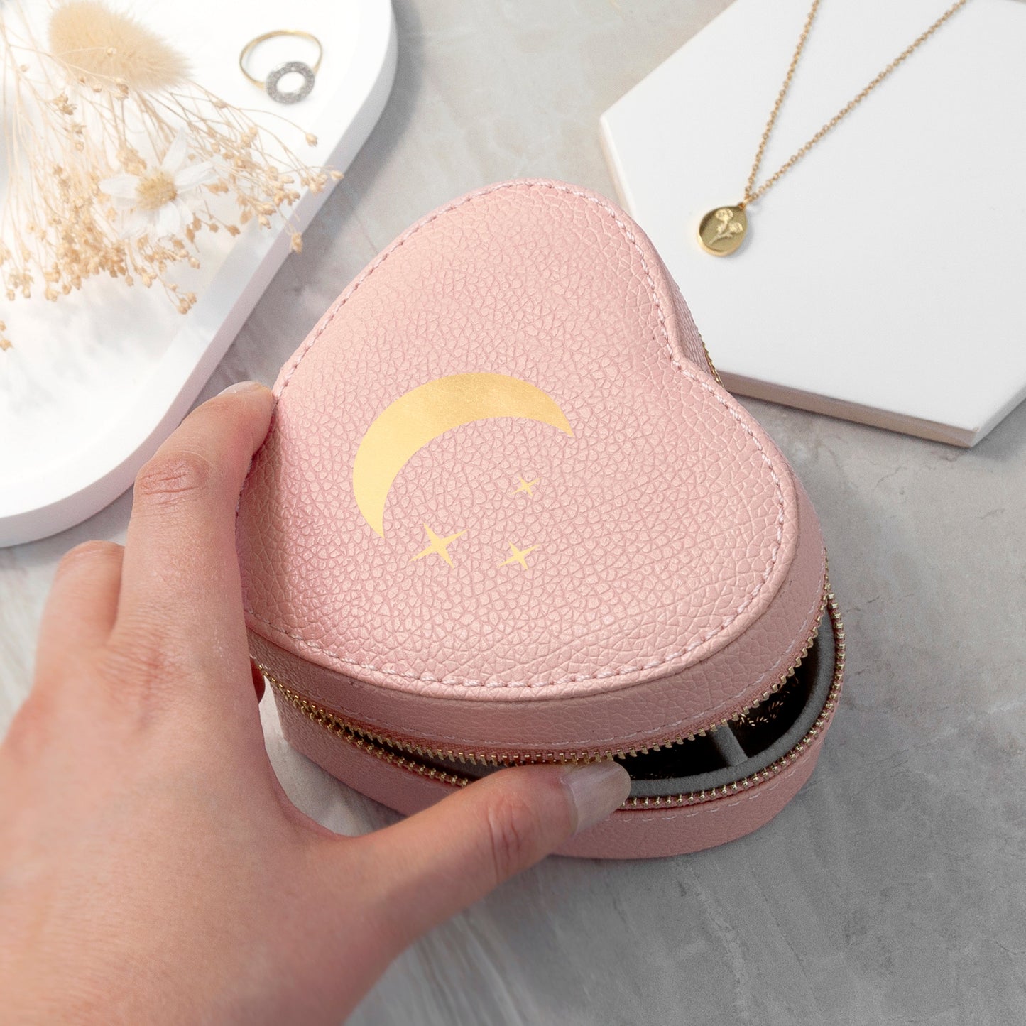 Moon and Stars Pink Heart Travel Jewellery Case