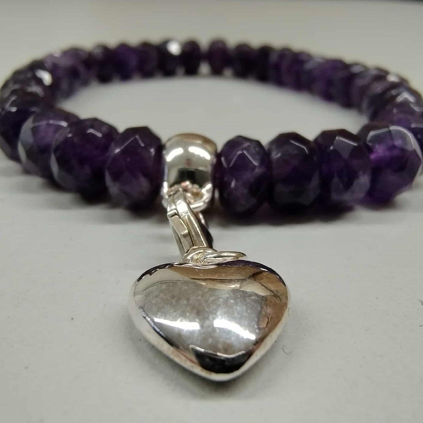 Amethyst Beaded Bracelet with Sterling Silver Heart Charm