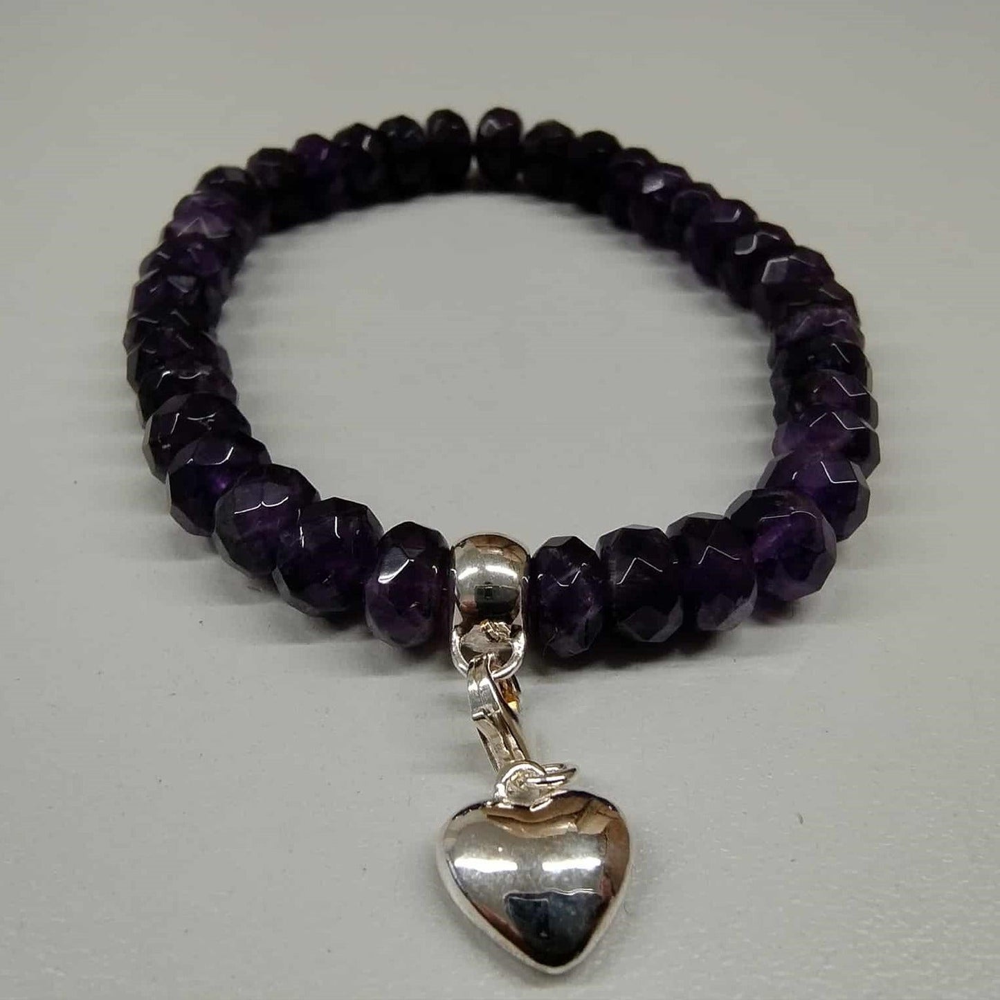 Amethyst Beaded Bracelet with Sterling Silver Heart Charm