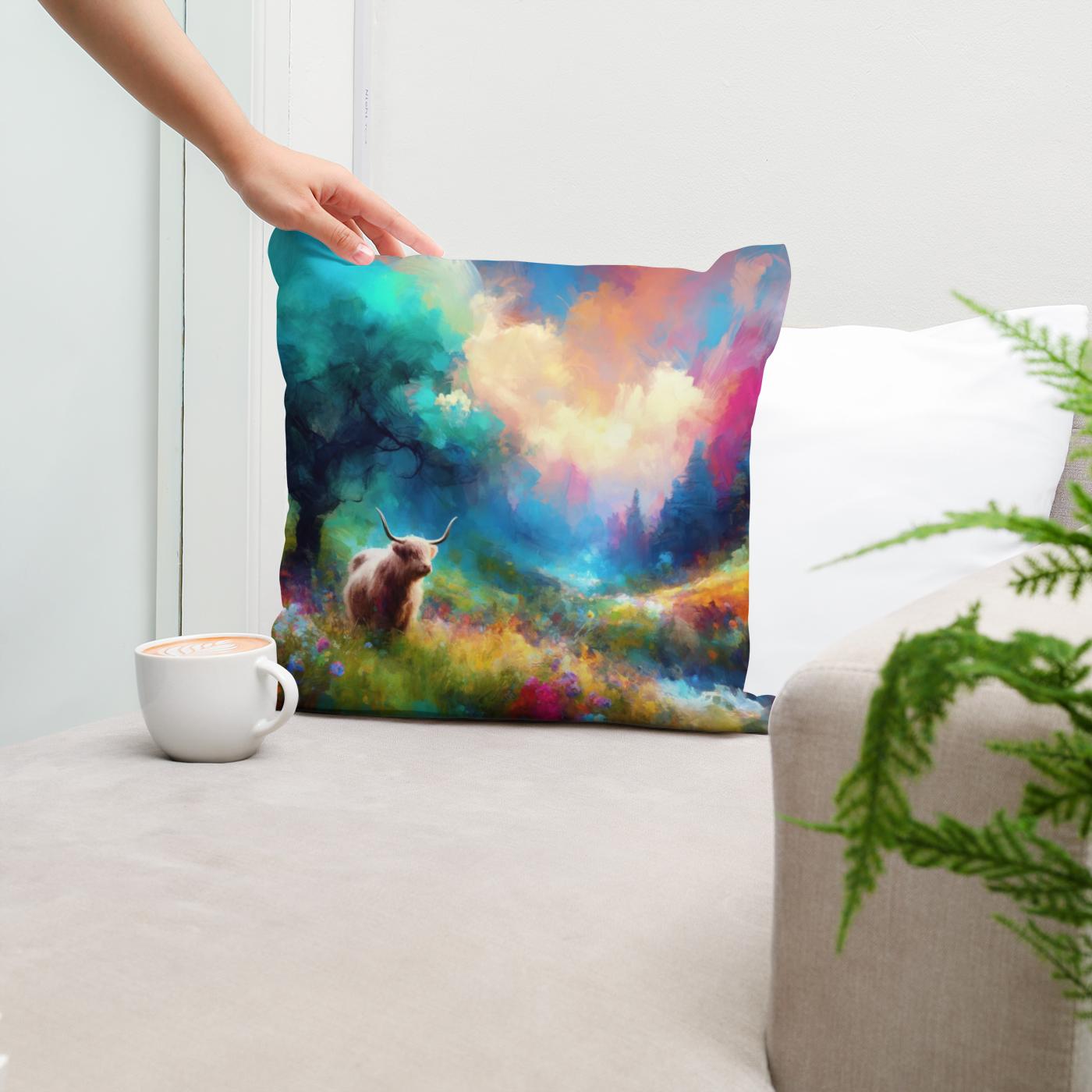 Vivid Highland Cow Escape Cotton Cushion