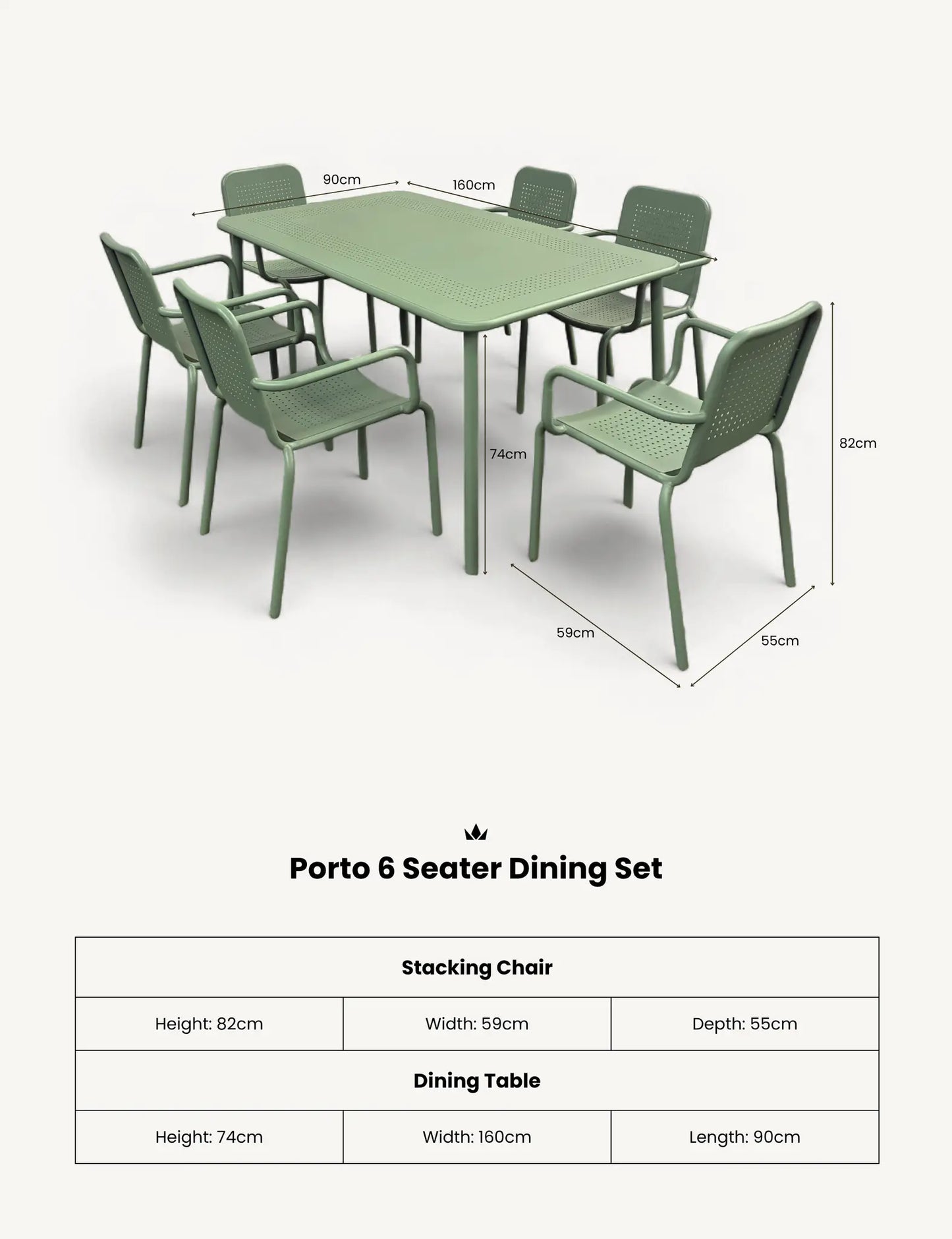 Porto 6 Seater Rectangular Dining Set in Moss