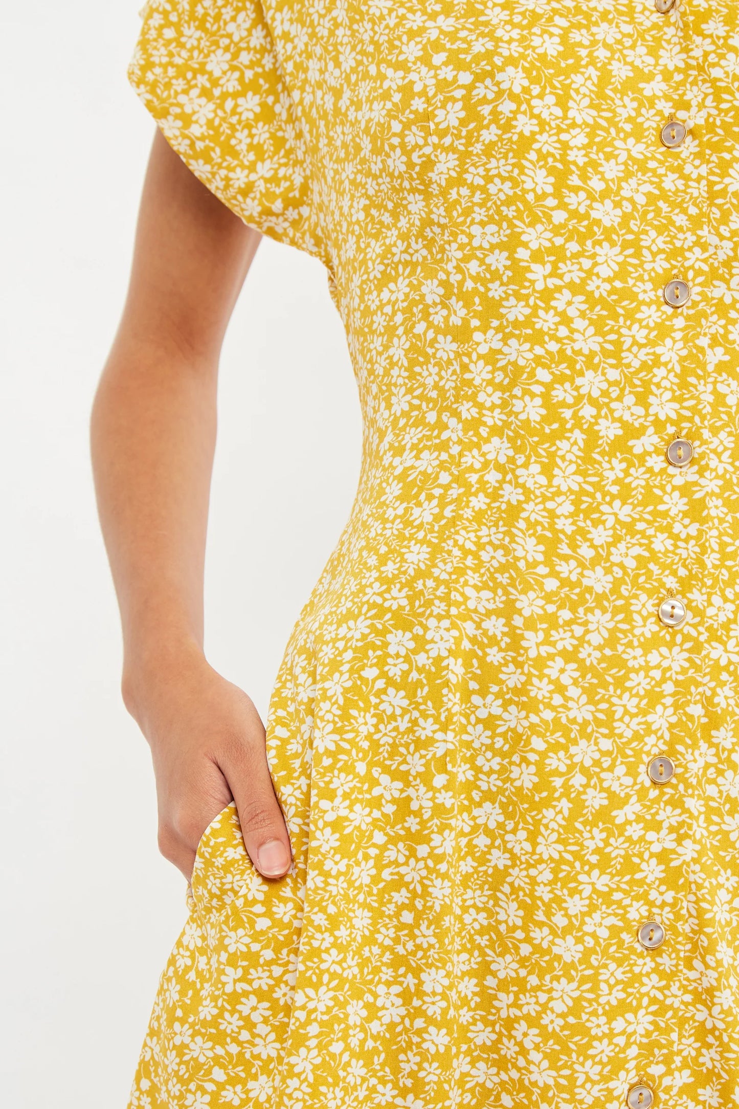 Prudence Micro Blossom Print Short Sleeve Laced Back Mini Dress In Yellow