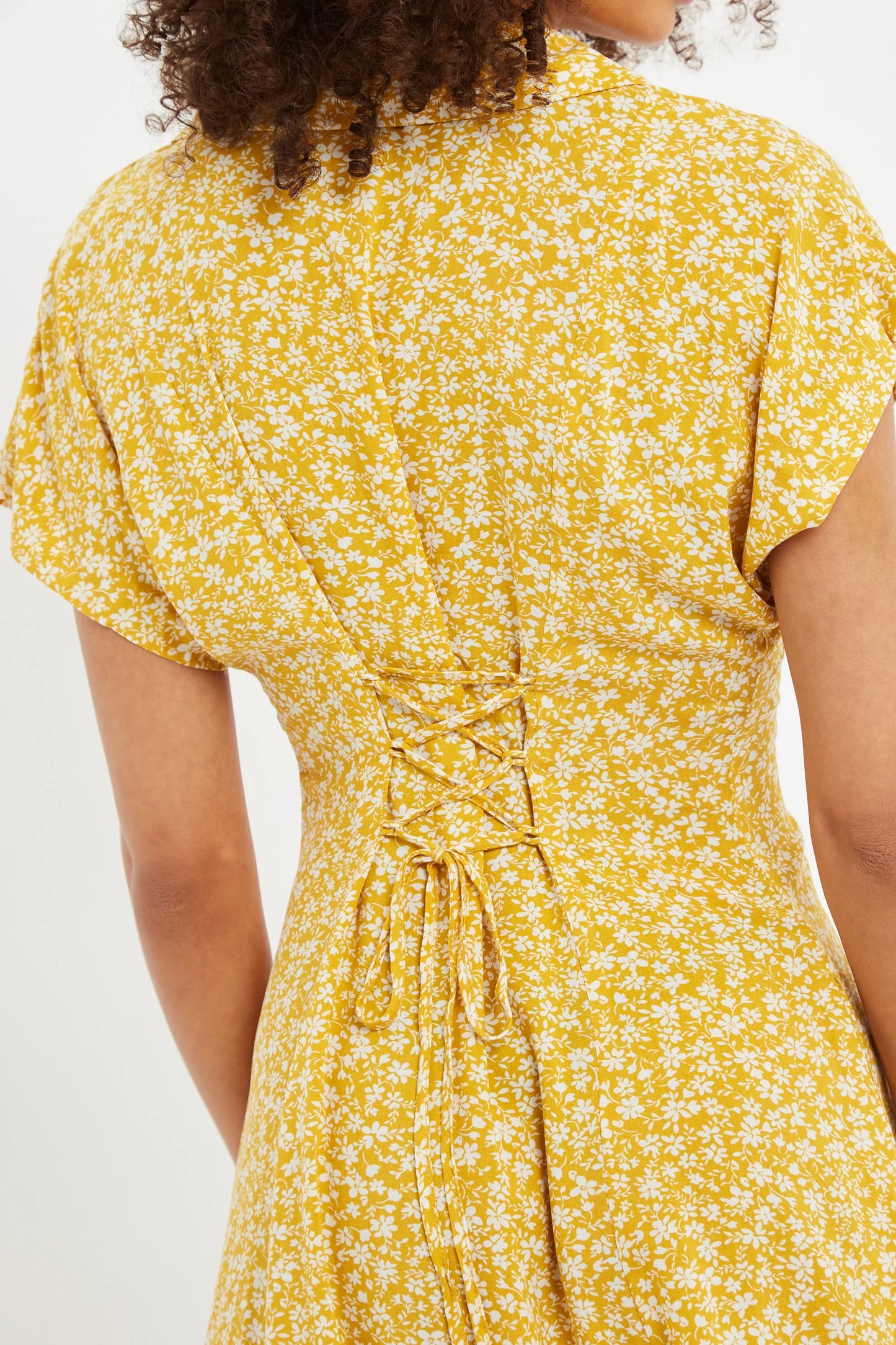 Prudence Micro Blossom Print Short Sleeve Laced Back Mini Dress In Yellow