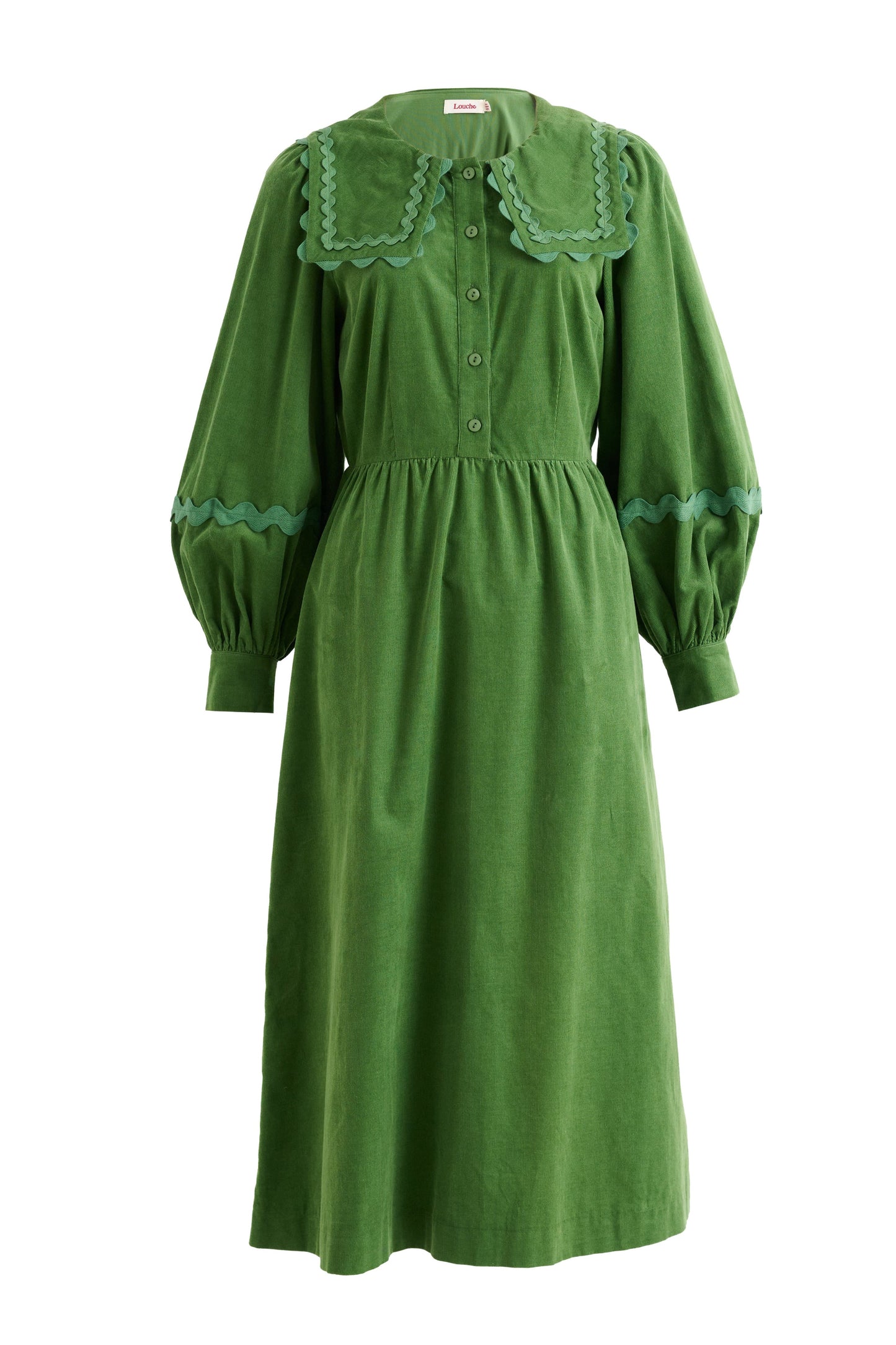 Prudence Babycord Big Collar Ric Rac Trim Midi Dress - Olive