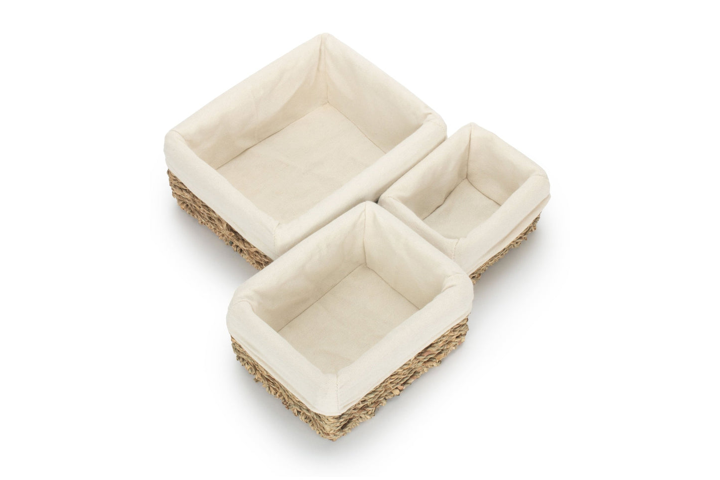 Rectangular Seagrass Small Tray Baskets with White Lining Set 3