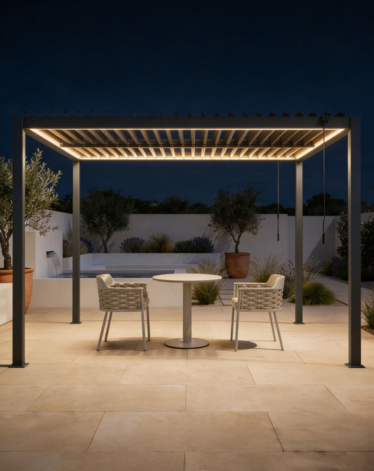 PURE 3x3m Pergola with Manual Louvered Roof and solar powered lighting