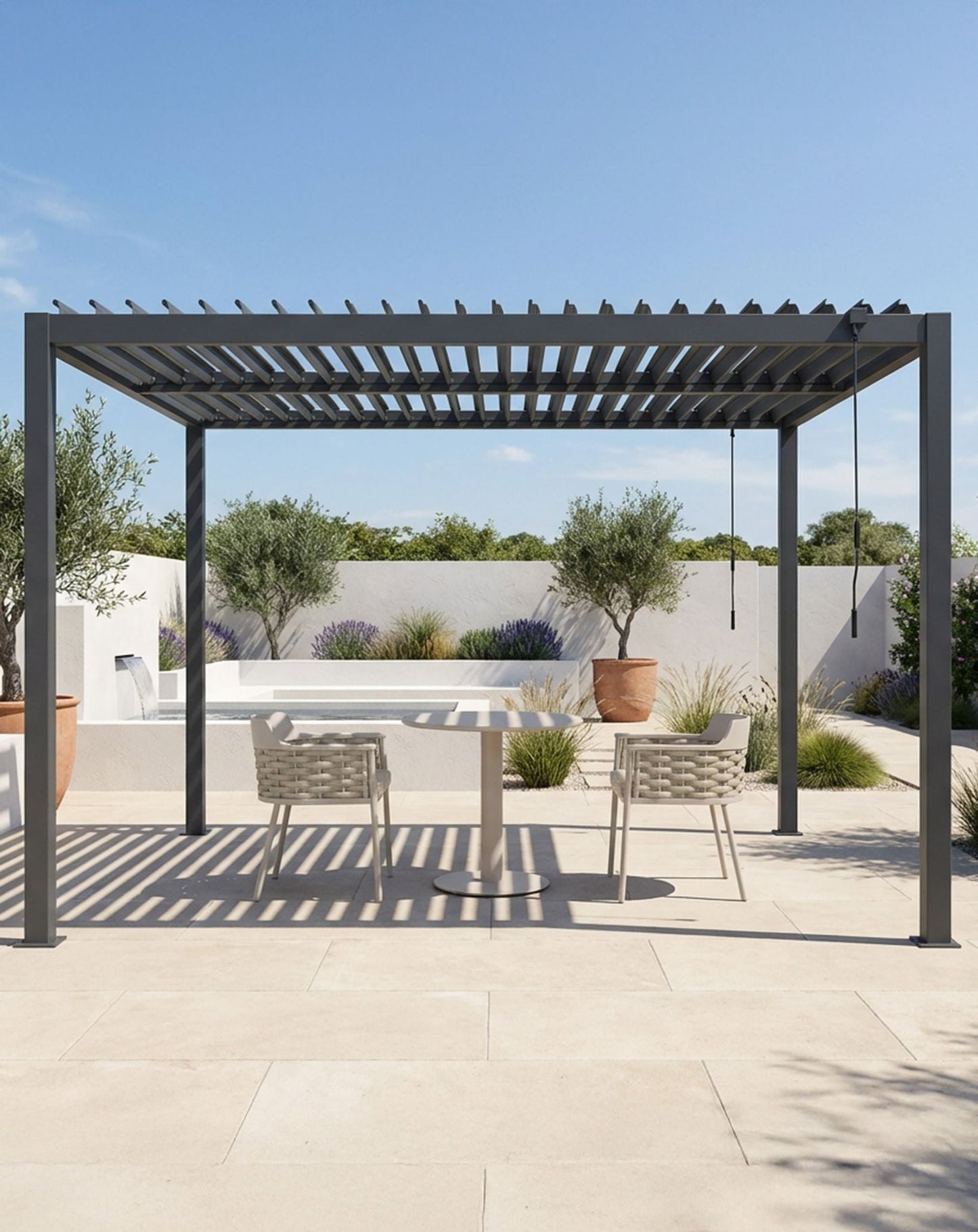 Pure 3x3m Pergola with Manual Louvered Roof and solar powered lighting