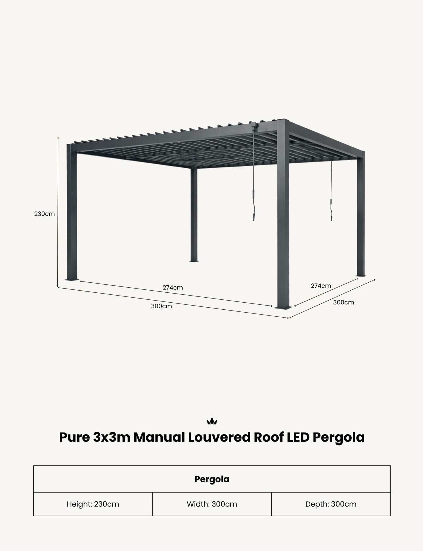 Pure 3x3m Pergola with Manual Louvered Roof and solar powered lighting