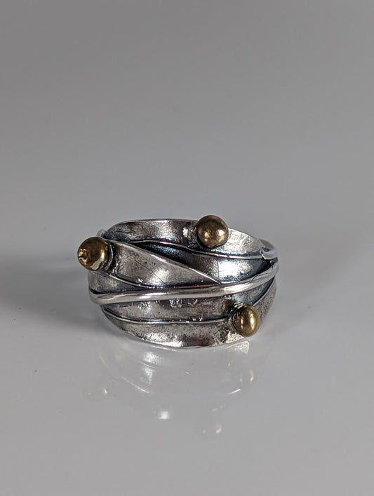 925 Silver Leaves Ring with Brass Buds – Artisan Silver Band Inspired by Nature
