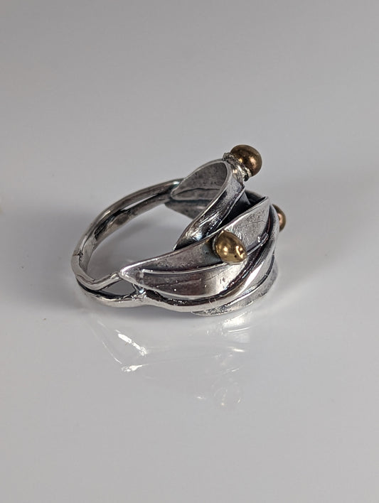 925 Silver Leaves Ring with Brass Buds – Artisan Silver Band Inspired by Nature