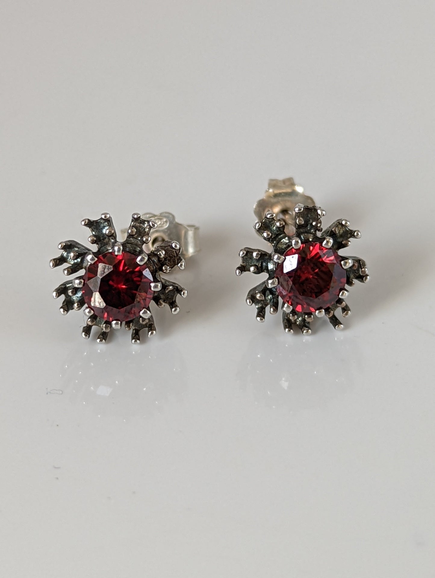 Silver Steed Red Crystal Sunflower Stud Earrings