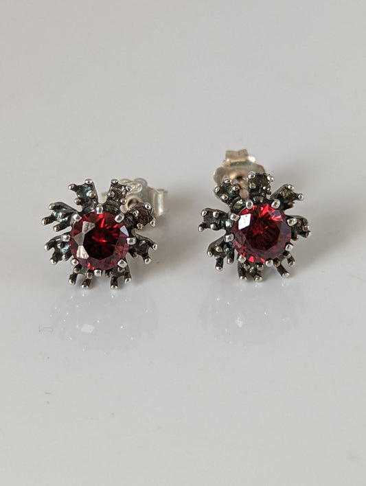 Silver Steed Red Crystal Sunflower Stud Earrings