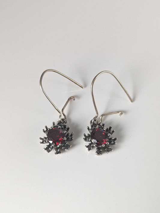 Silver Steed Red Crystal Sunflower Dropped Earrings