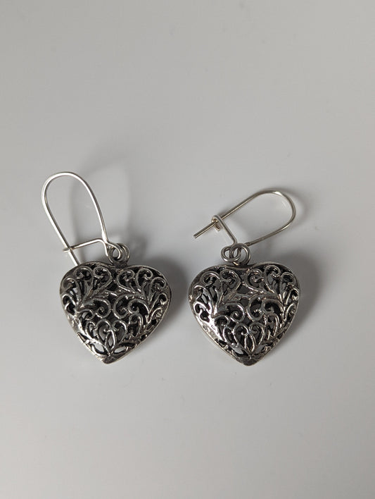 Silver Steed  Filigree Heart Dropped Earrings