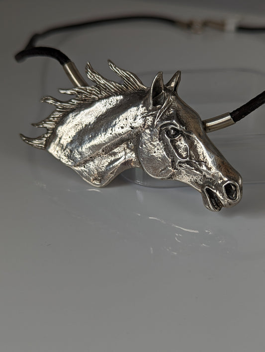 Silver Steed Large Horse Head on Leather Cord Necklace